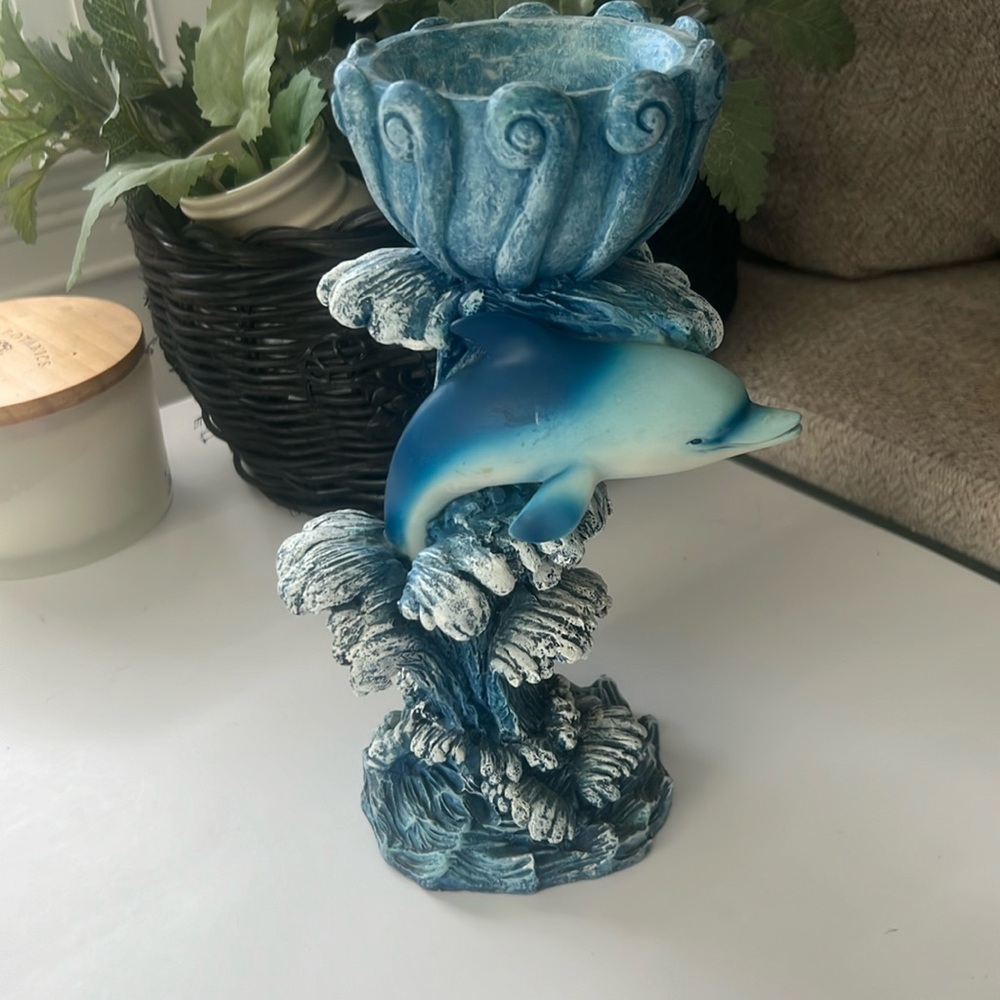 Vintage Candle Holder Swimming Dolphin Ocean Waves Blue White Spencer Gi…